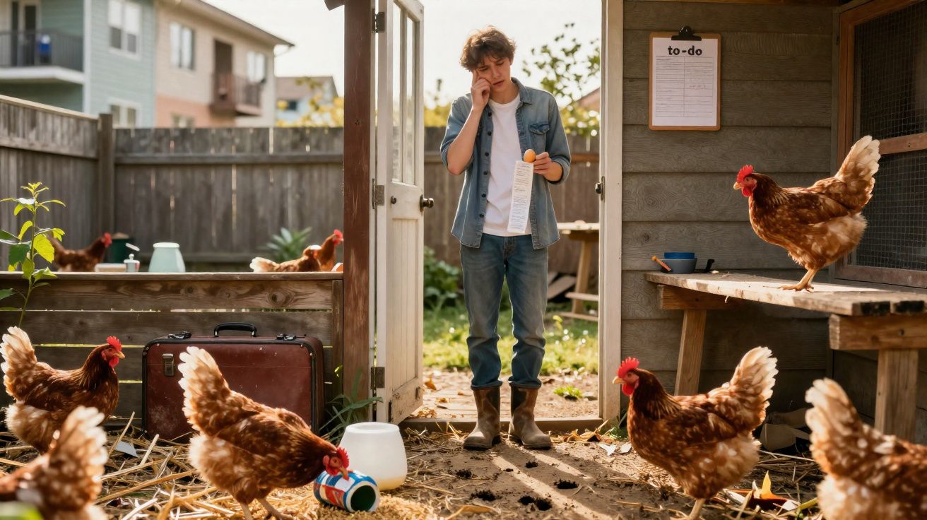 Jeune homme tenant une liste et un œuf, parlant au téléphone dans un poulailler avec plusieurs poules autour.