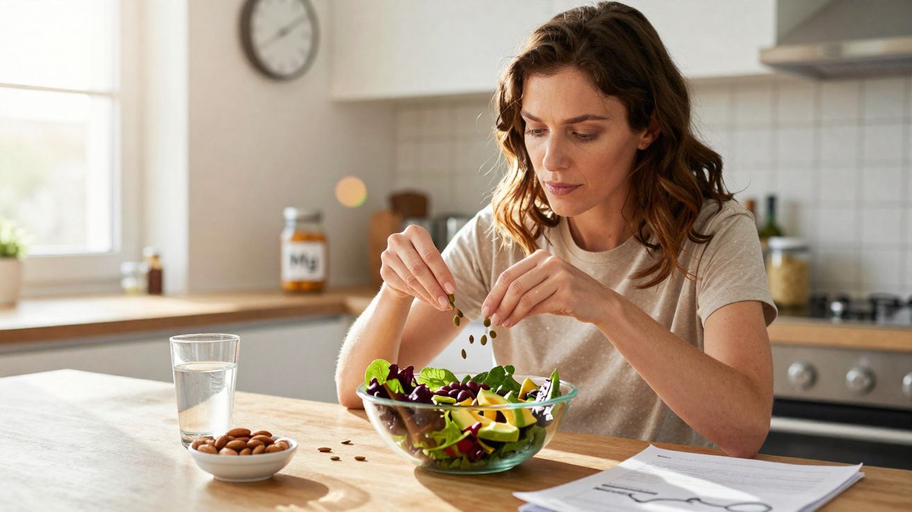 Femme ajoutant des graines à une salade dans une cuisine lumineuse avec verre d'eau et amandes sur la table.