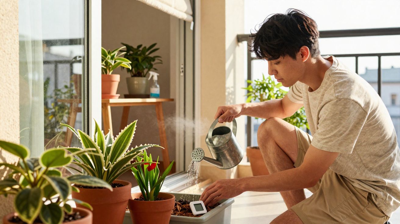 Un homme arrose des plantes en pot sur un balcon ensoleillé avec un arrosoir en métal.