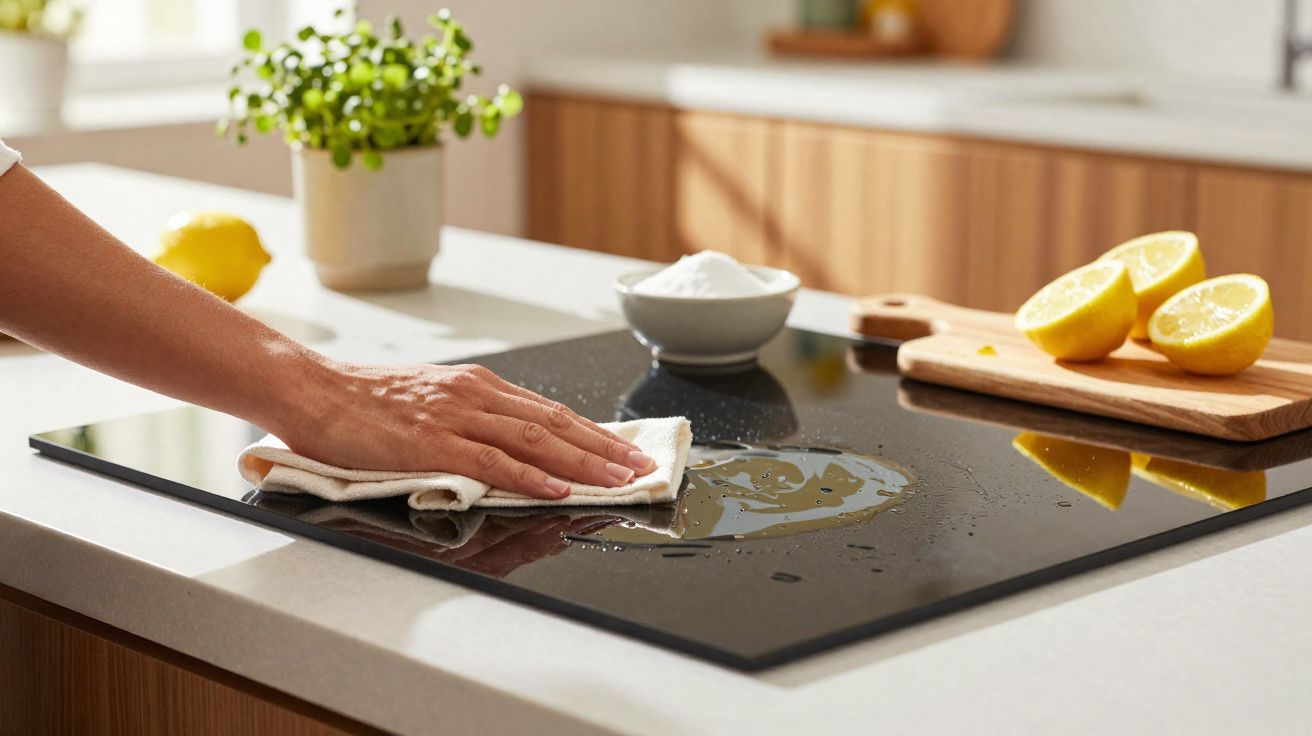 Main nettoyant une plaque de cuisson noire avec un chiffon, citron coupé et bol de poudre blanche en arrière-plan.