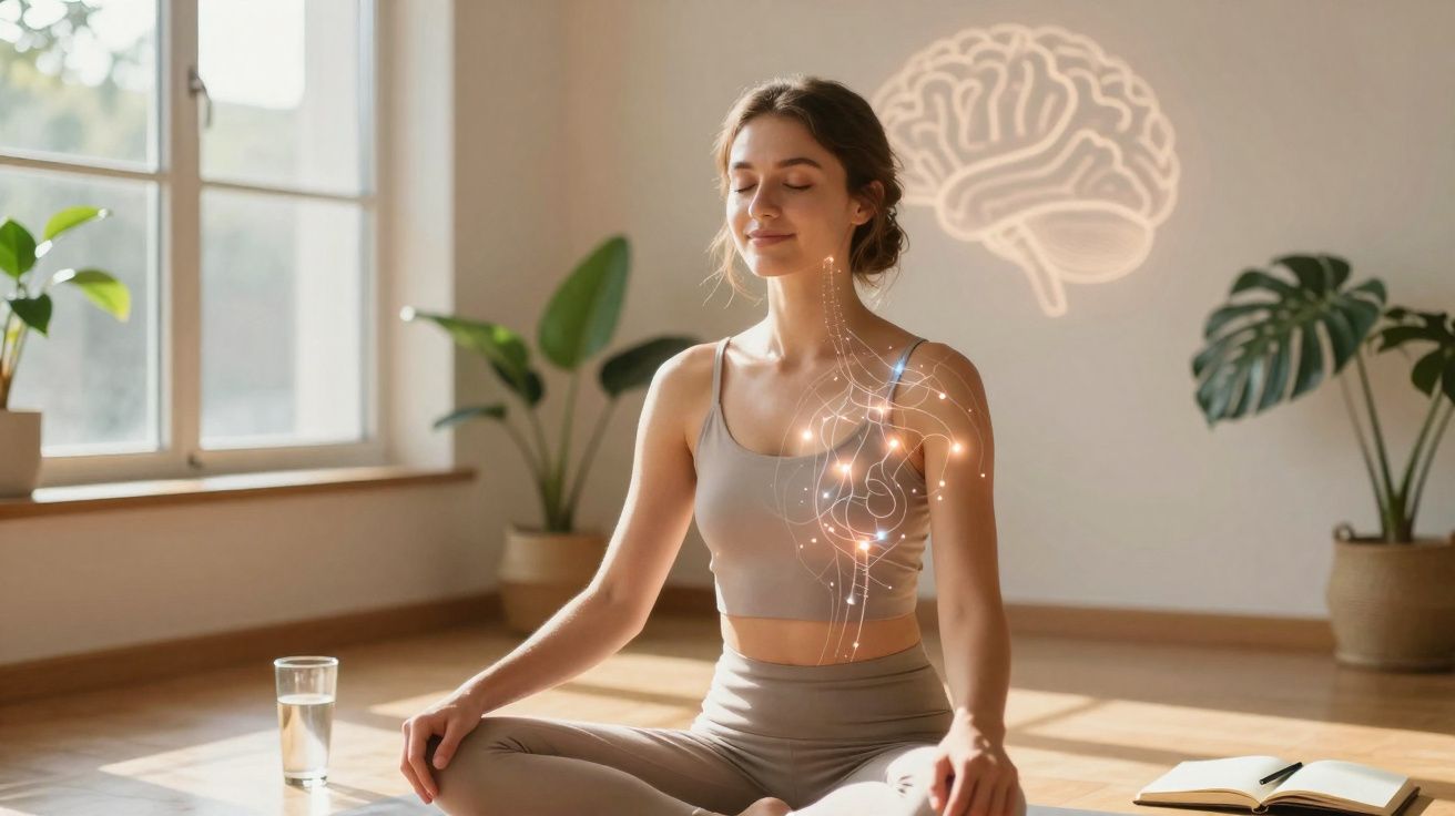 Femme méditant en position de lotus avec illustration lumineuse du cerveau et du système nerveux dans une pièce lumineuse.