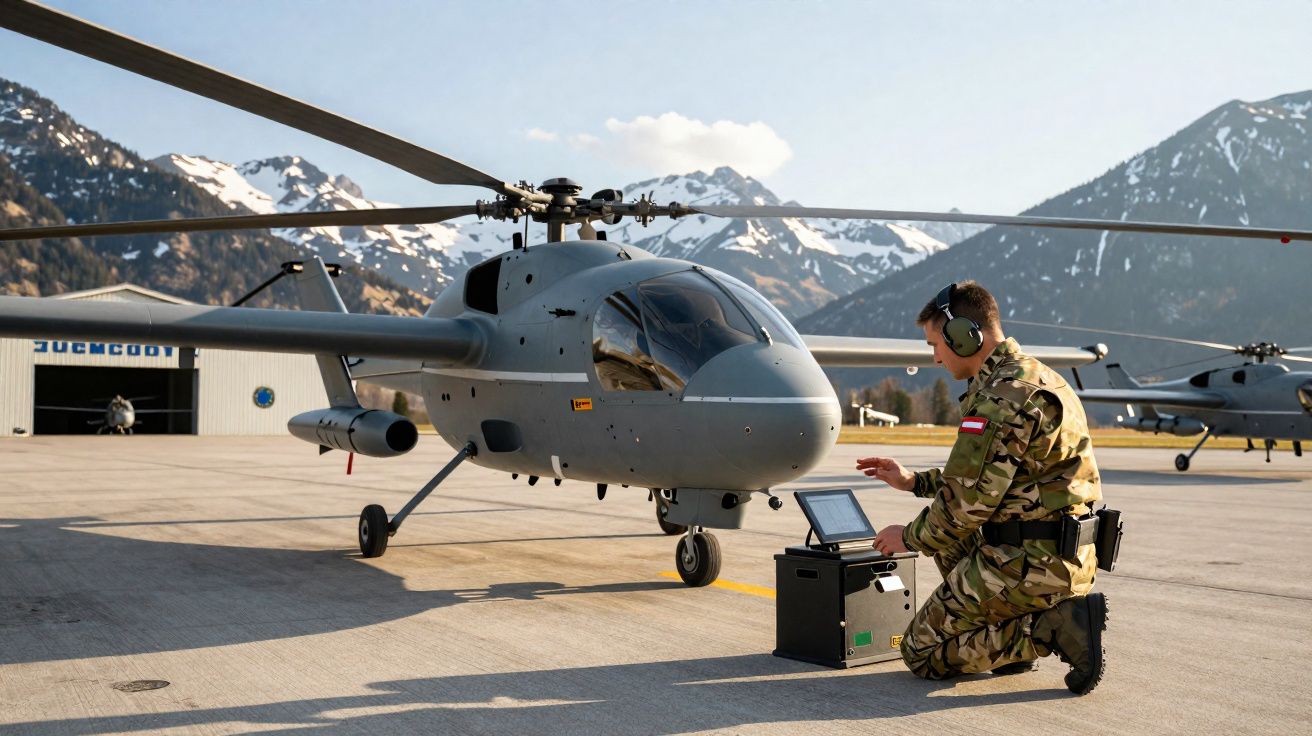 Un soldat en tenue camouflée utilisant un ordinateur près d’un hélicoptère gris sur une piste de montagne.