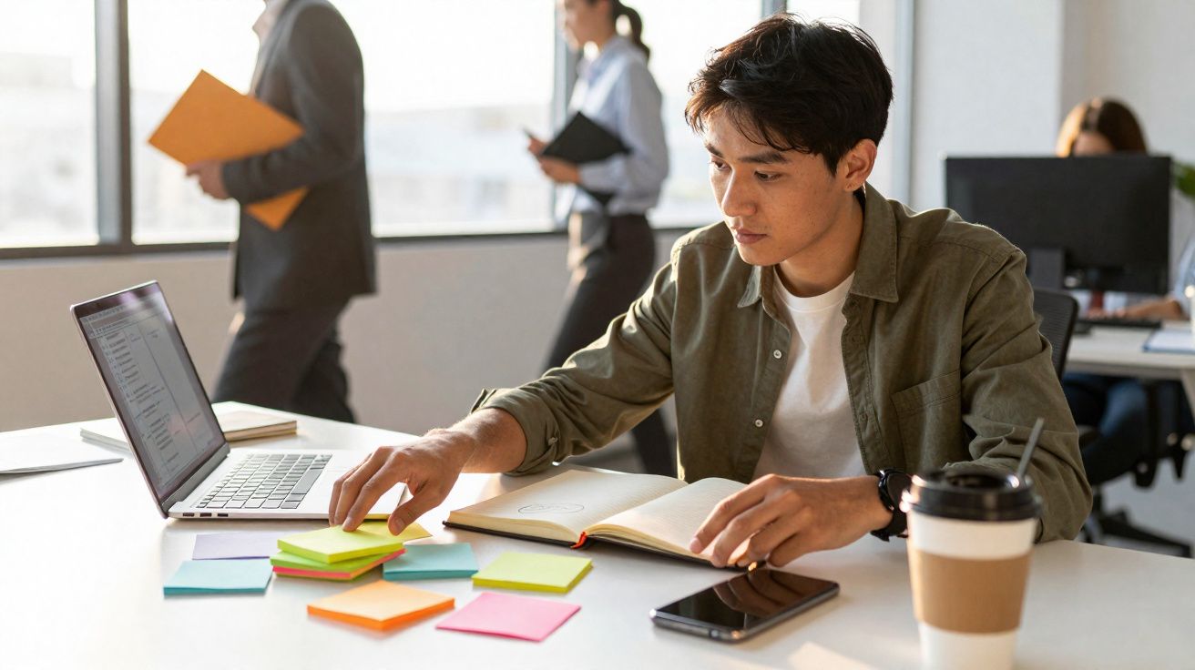 Jeune homme travaillant avec un carnet, un ordinateur portable, et des post-it dans un bureau lumineux.