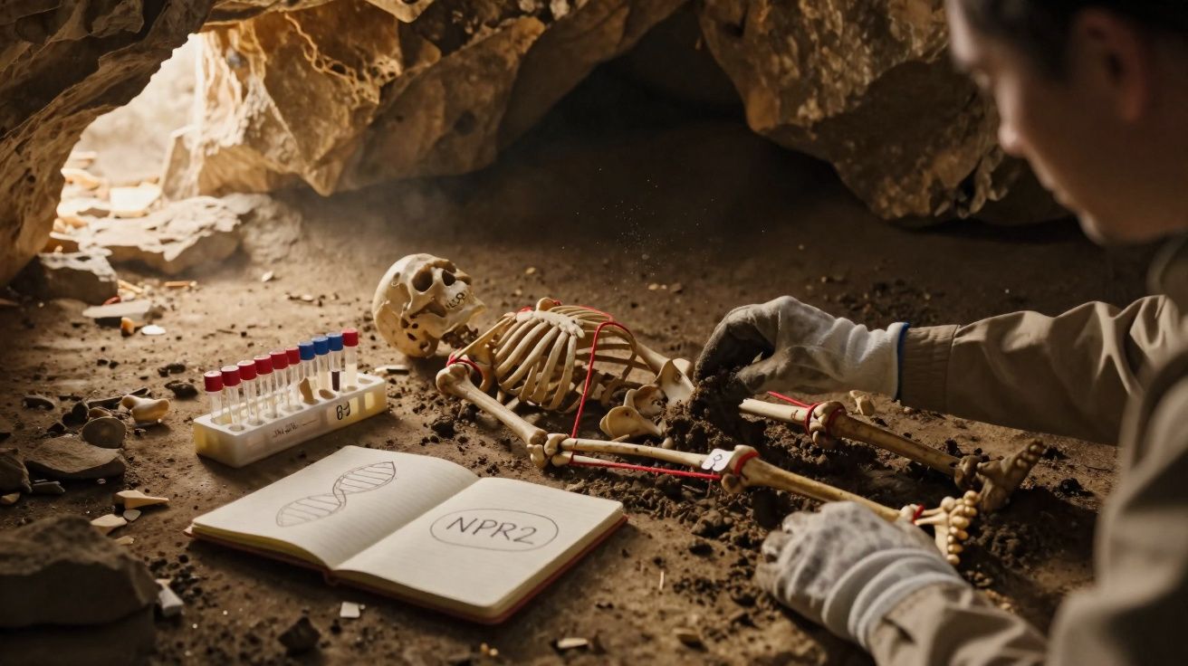Un archéologue examine un squelette dans une grotte avec des tubes à essais et un carnet de notes ouvert.