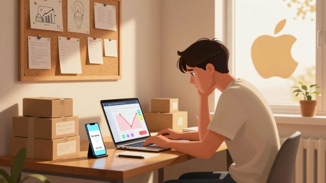 Jeune homme concentré travaillant sur son ordinateur portable avec graphiques et smartphone sur un bureau lumineux.