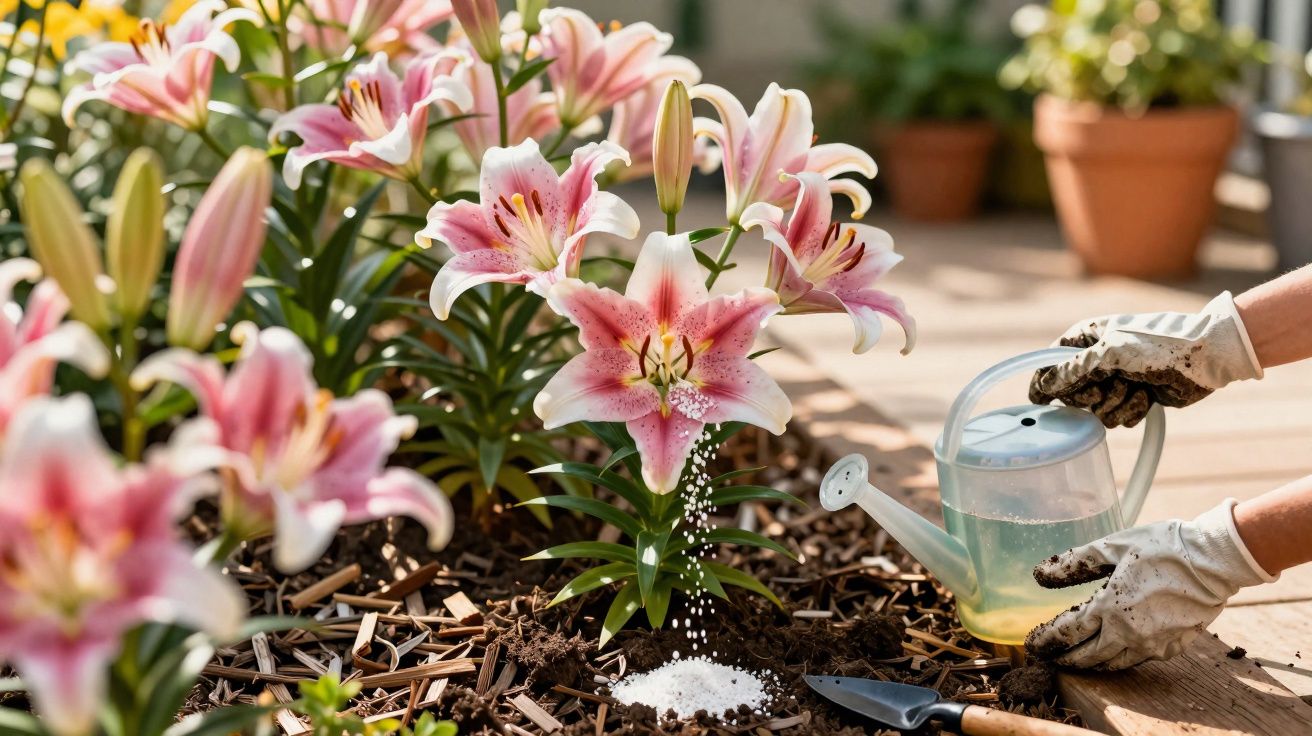 Personne portant des gants arrosant des lys roses dans un jardin avec un arrosoir et un transplantoir.