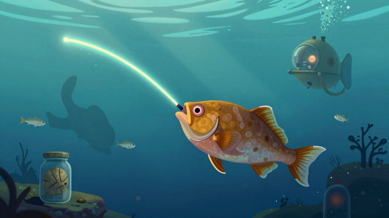 Poisson animé lumineux sous-marin tirant un rayon lumineux, avec un sous-marin dans le fond océanique.