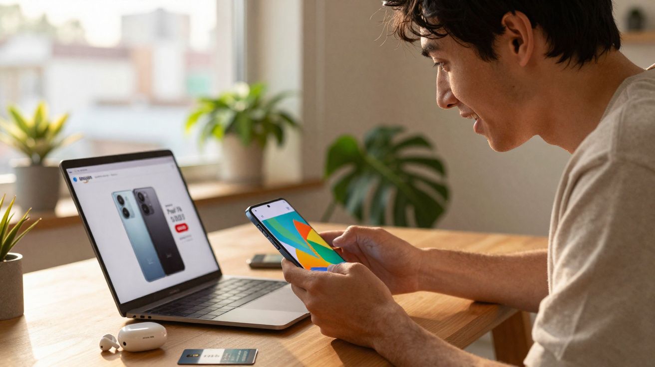 Jeune homme utilisant un smartphone assis à une table avec un ordinateur portable et des écouteurs sans fil.