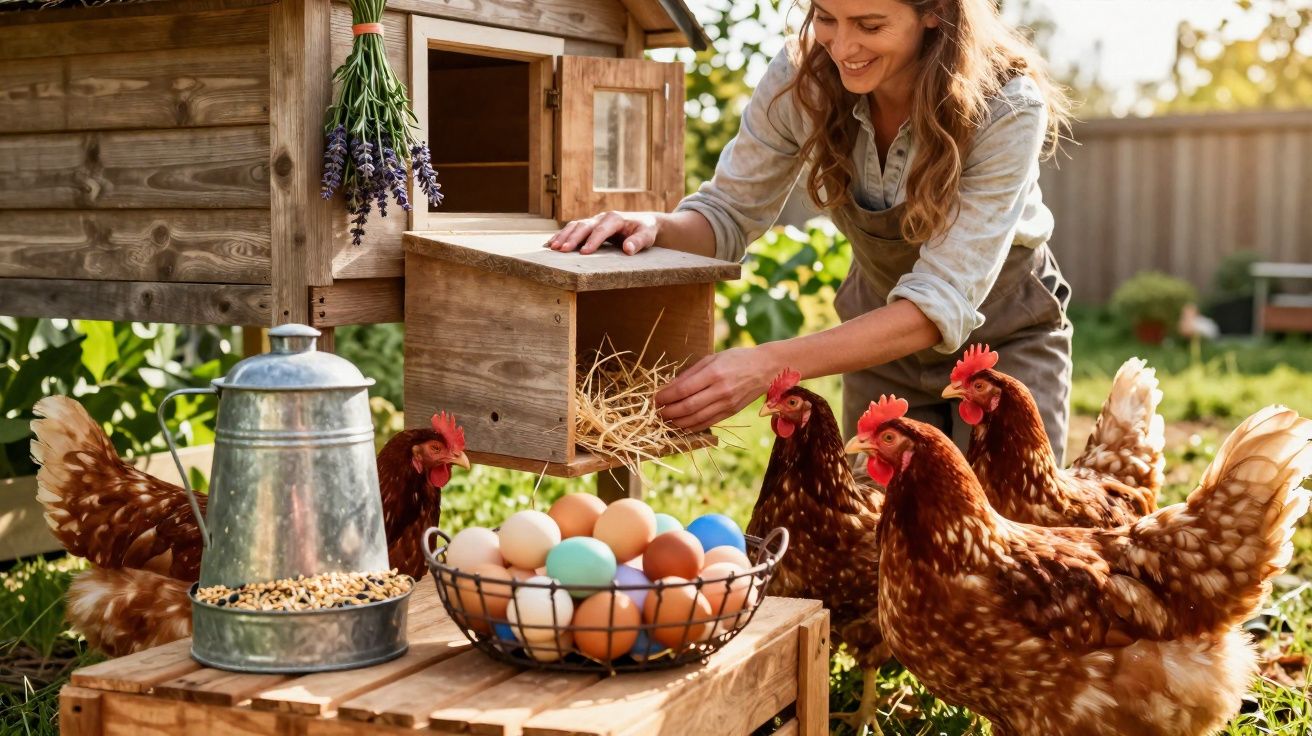 Femme souriante nourrissant des poules près d'un poulailler en bois avec un panier d'œufs multicolores.