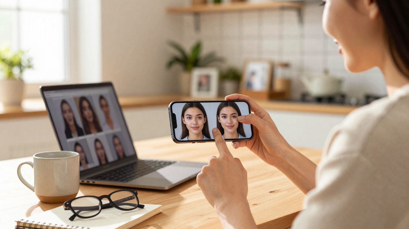 Personne retouchant une photo de portrait sur smartphone avec un ordinateur affichant plusieurs portraits en arrière-plan.
