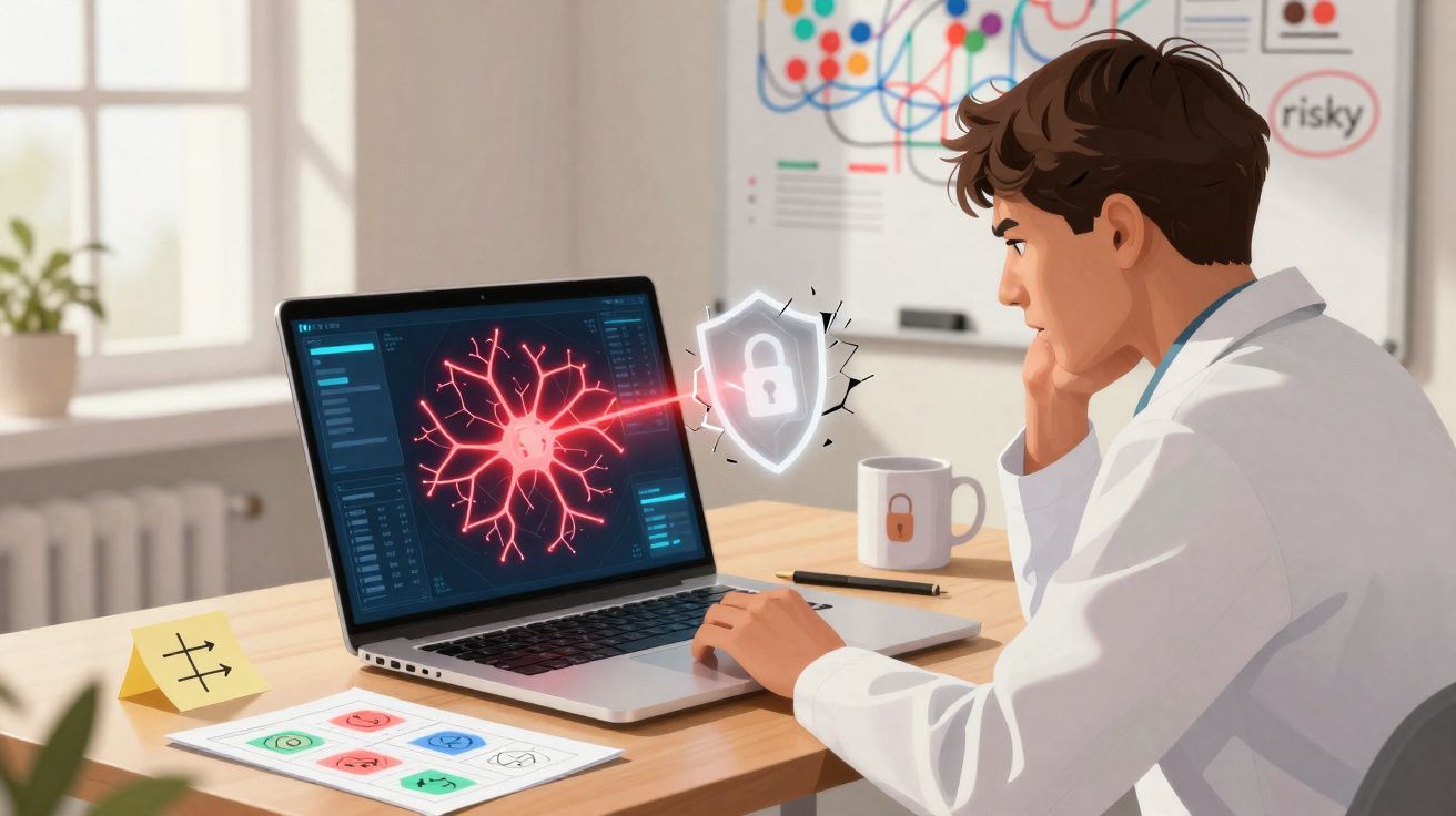 Chercheur analysant des données neuro-informatiques avec un bouclier de cybersécurité sur un ordinateur portable.
