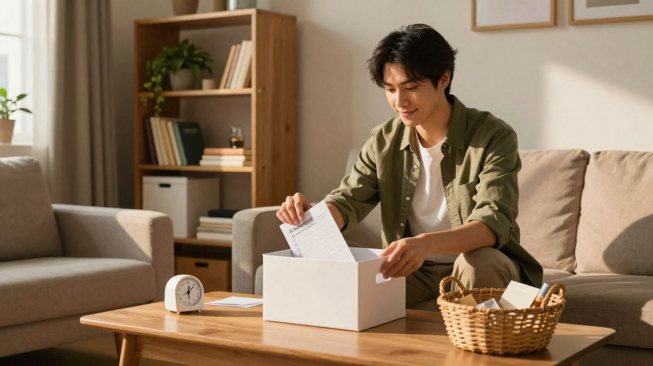Jeune homme assis dans un salon, rangeant des papiers dans une boîte blanche posée sur une table basse en bois.