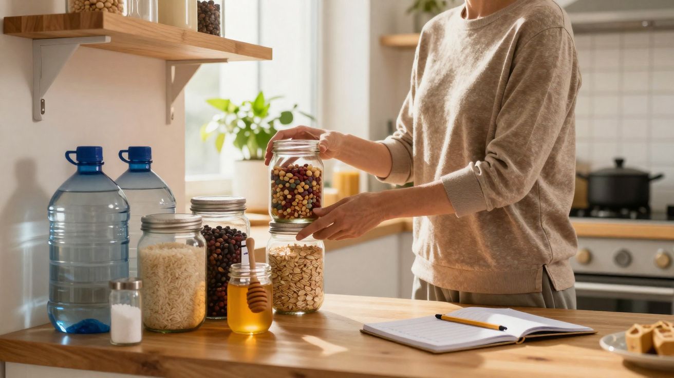Personne rangeant des bocaux de légumineuses et graines dans une cuisine lumineuse et moderne.
