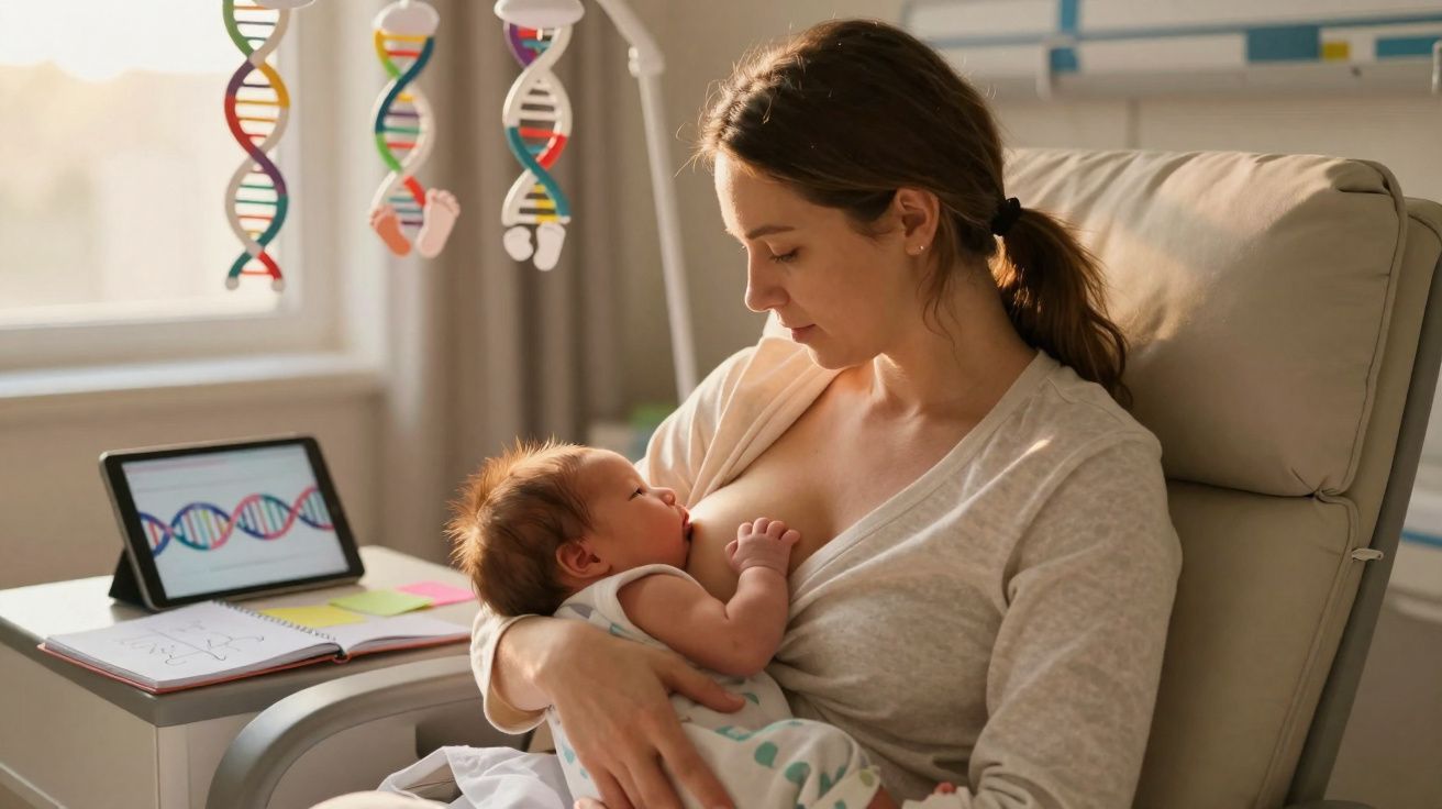Mère allaitant son bébé dans un fauteuil, avec des décorations ADN suspendues et une tablette affichant une spirale d’ADN.