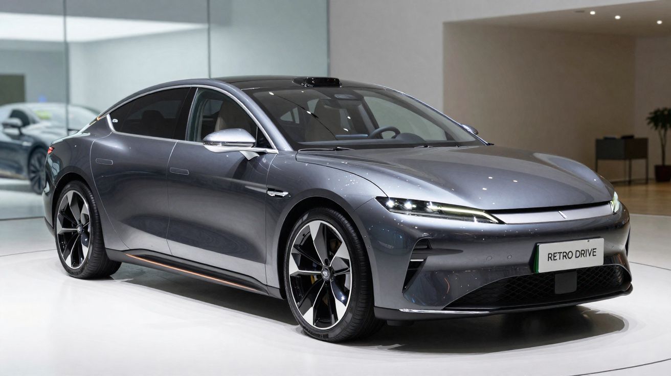 Voiture électrique berline gris métallisé exposée en intérieur avec des roues noires et argentées modernes.