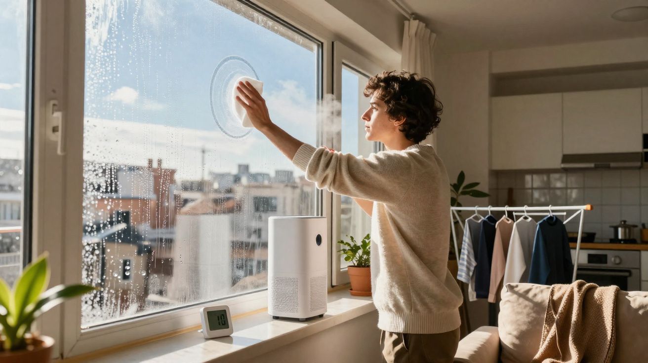 Personne nettoyant une grande fenêtre dans un appartement lumineux avec vue sur la ville.
