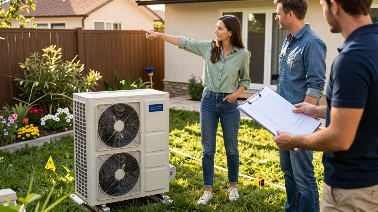 Trois personnes discutent à l'extérieur près d'une unité extérieure de climatisation dans un jardin.