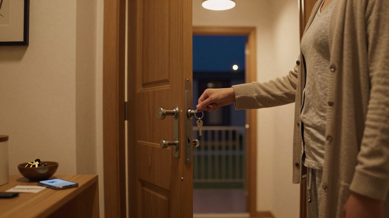 Personne en pyjama insérant une clé dans la serrure d'une porte d'entrée ouverte au crépuscule.