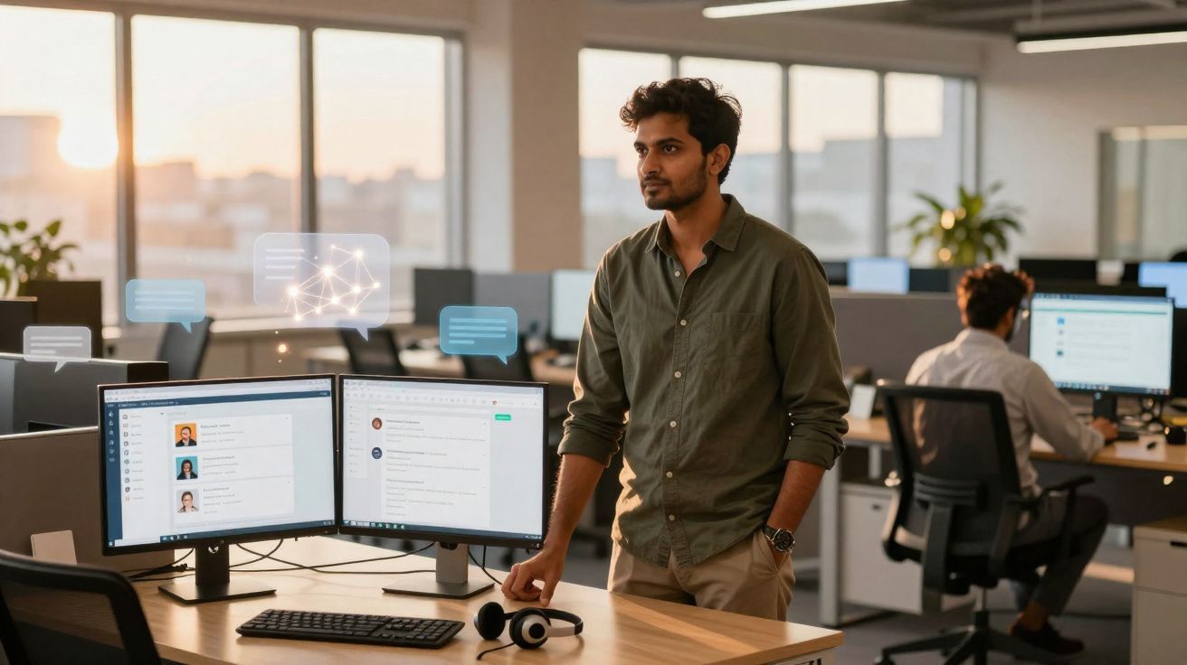 Homme debout dans un bureau moderne, regardant plusieurs écrans d’ordinateur affichant des données et messages numériques.