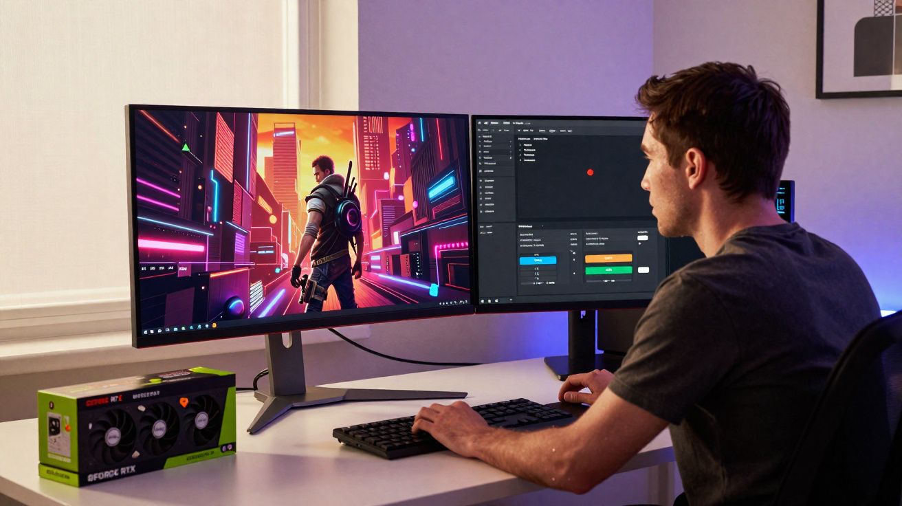 Homme jouant à un jeu vidéo futuriste sur un écran ultra-large avec un écran secondaire à côté.