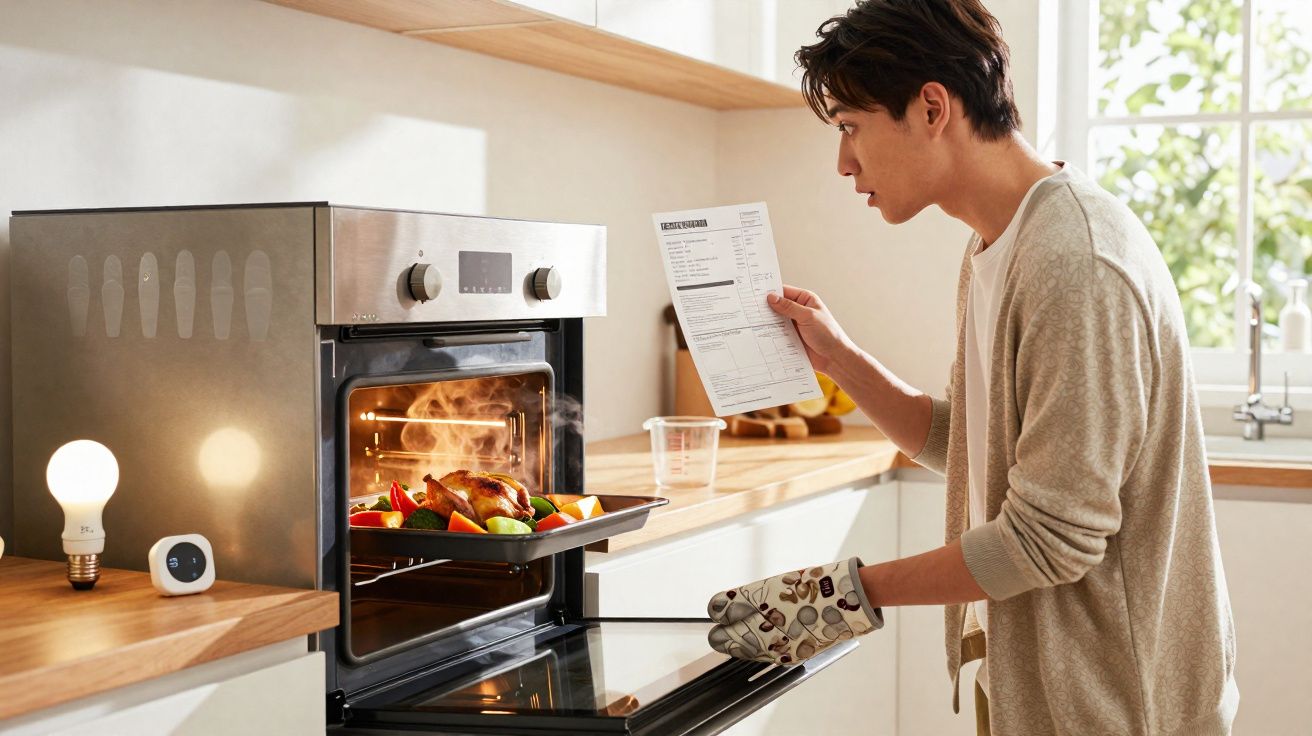 Un homme retire un plat chaud du four dans une cuisine moderne en suivant une recette.