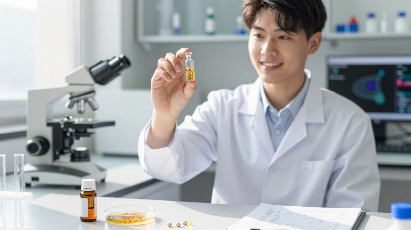 Chercheur en blouse blanche tenant un flacon contenant un liquide jaune dans un laboratoire scientifique.