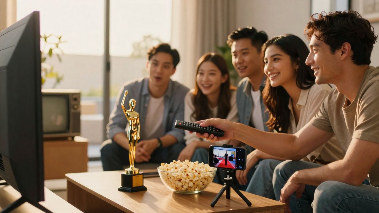 Quatre amis souriants regardent la télévision avec une télécommande, un trophée doré et un bol de popcorn sur la table.