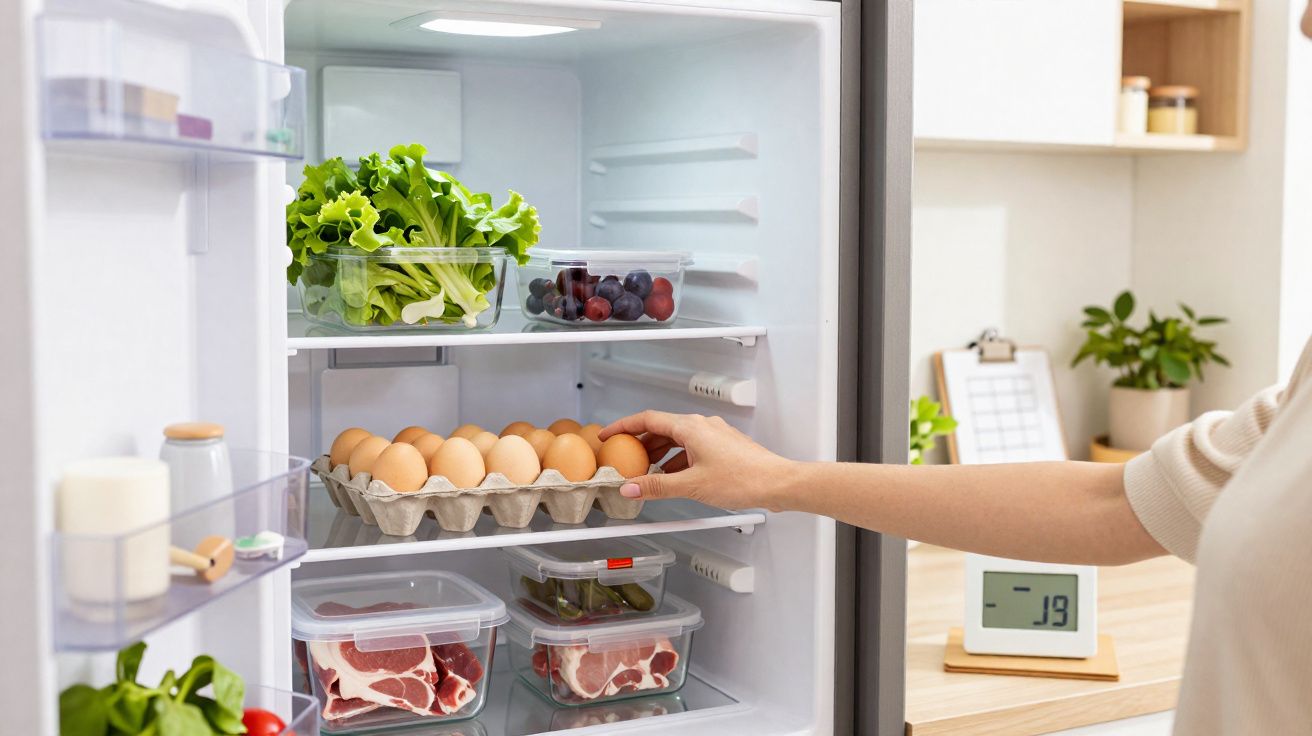 Main plaçant des œufs dans un réfrigérateur rempli de légumes, fruits et viandes emballés.