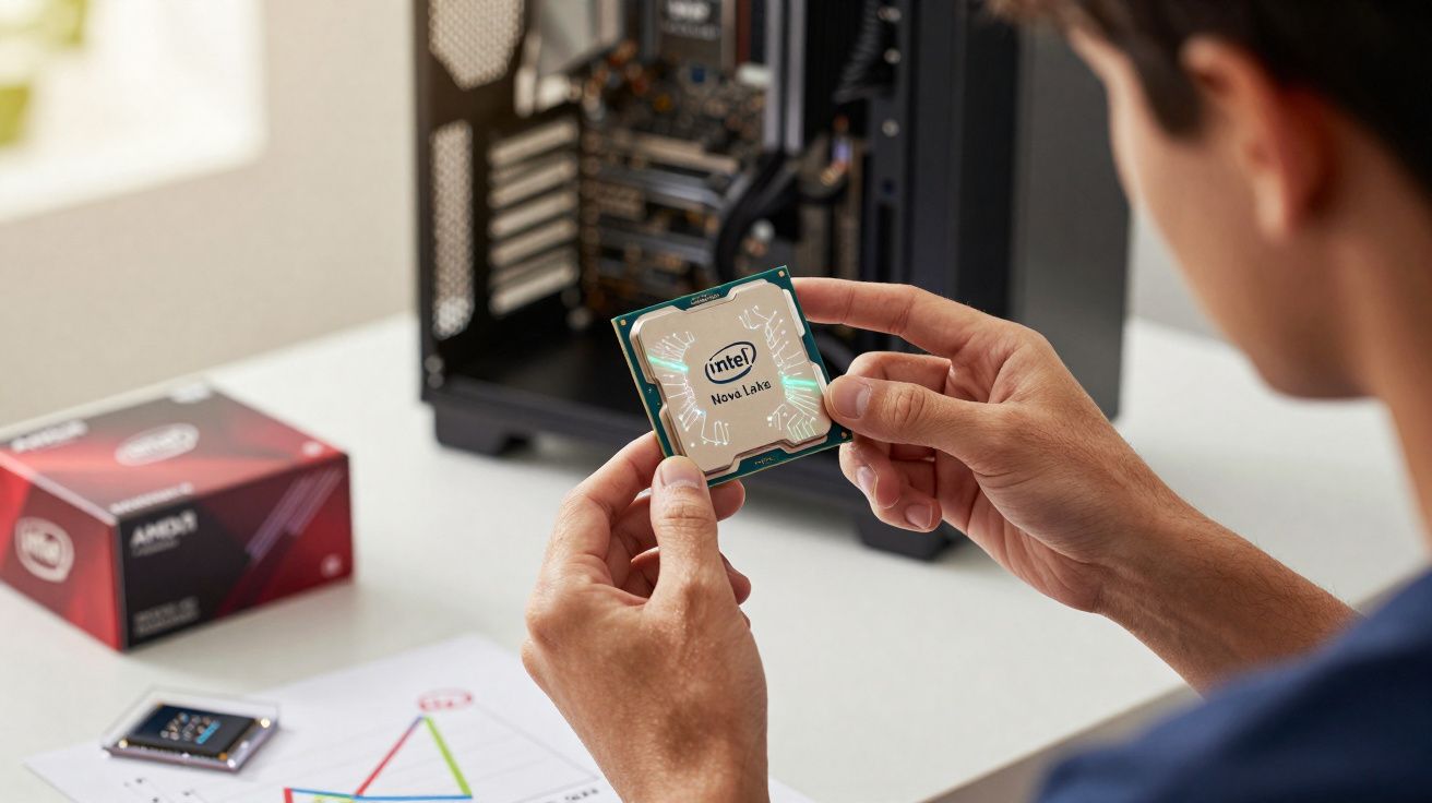 Personne tenant un processeur Intel Core Nova Lake devant un boîtier d’ordinateur ouvert.