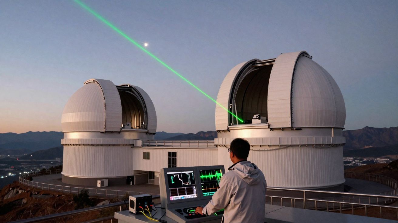 Observatoire astronomique avec deux dômes et un laser vert émis dans le ciel au crépuscule.