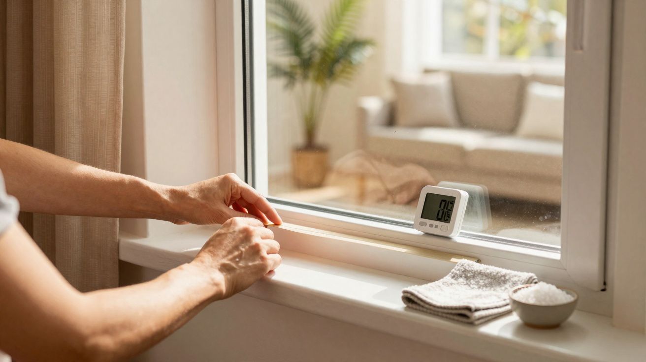 Une personne ouvre une fenêtre près d'un thermomètre digital, avec une serviette et un bol de sel à côté.