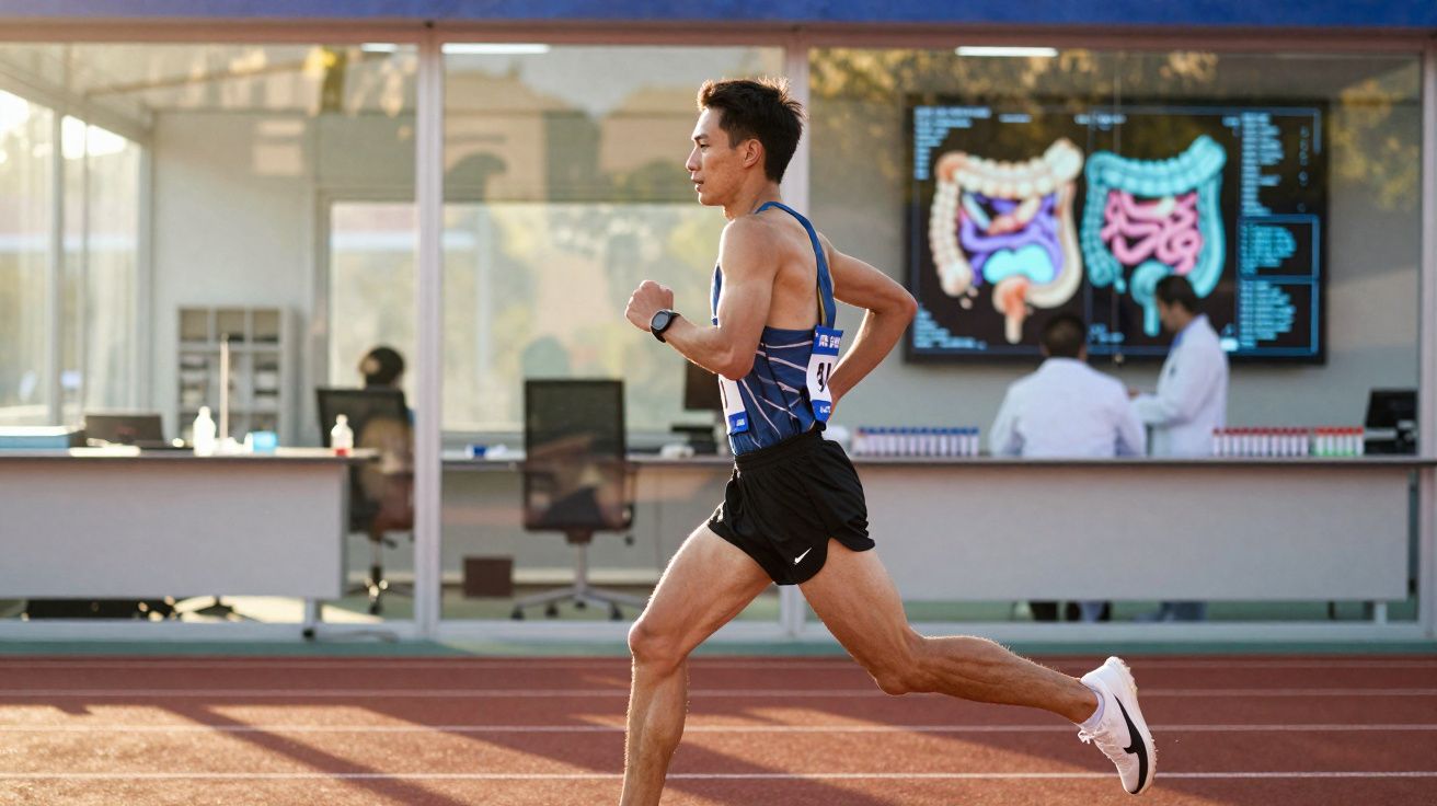 Un coureur en tenue de sport court sur une piste avec des chercheurs en laboratoire derrière une vitre.