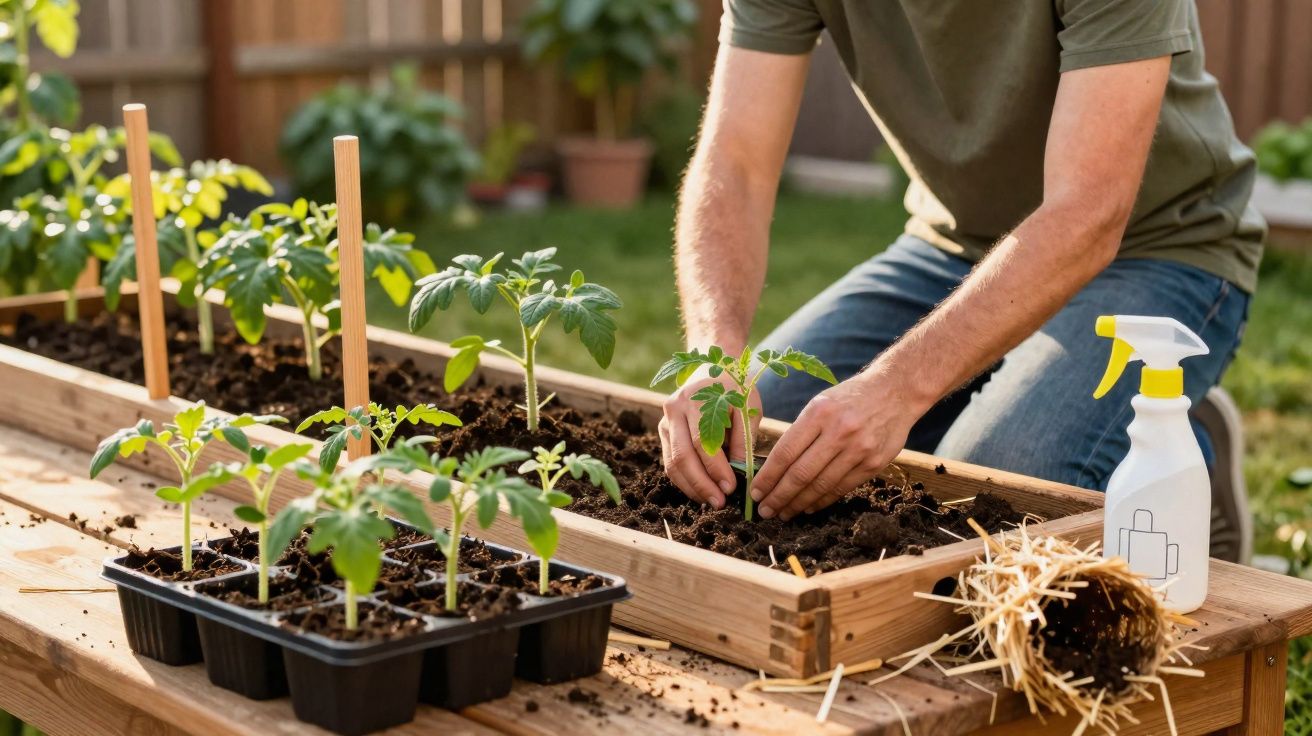 Personne plantant de jeunes plants de tomates dans un potager surélevé en bois dans un jardin.