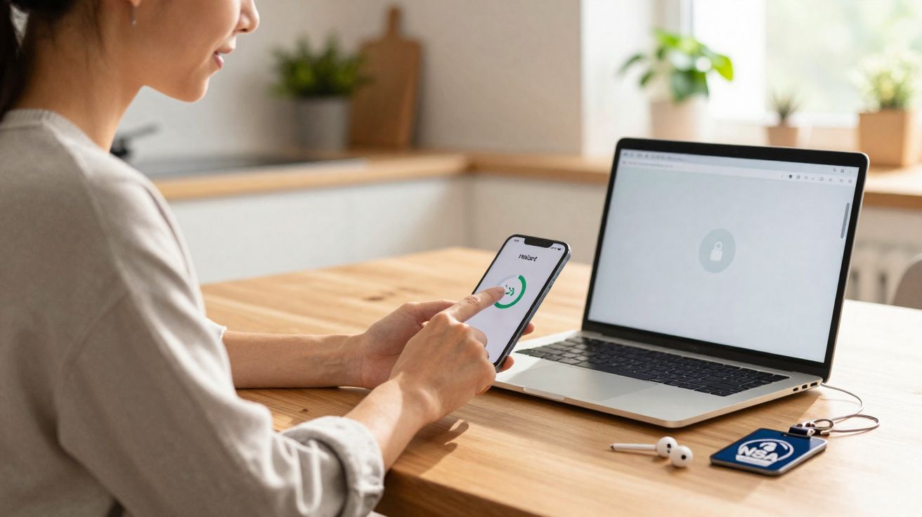 Femme utilisant un smartphone avec application active à côté d’un ordinateur portable ouvert sur une page verrouillée.