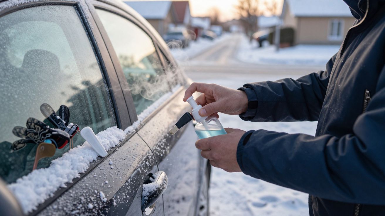 Personne utilise un vaporisateur pour dégivrer la fenêtre d'une voiture enneigée en hiver.