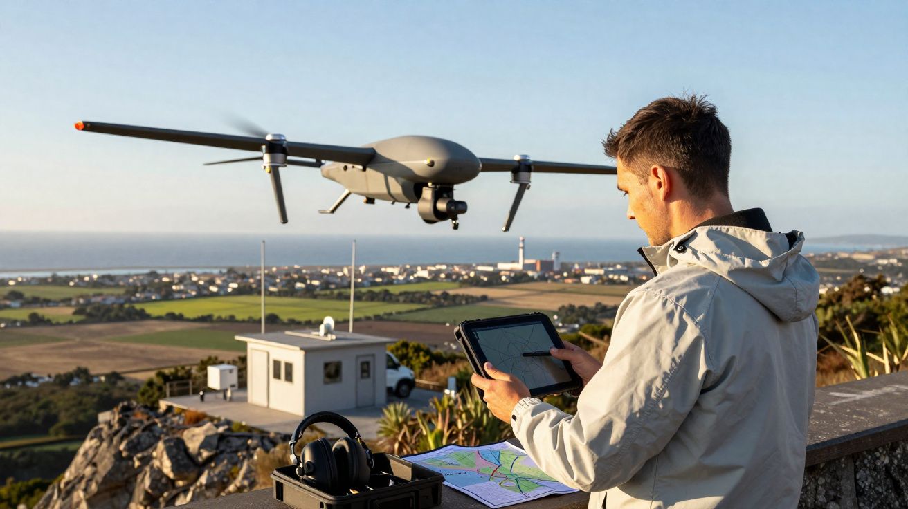 Un homme contrôle un drone en vol avec une tablette sur une colline surplombant une ville et la mer.