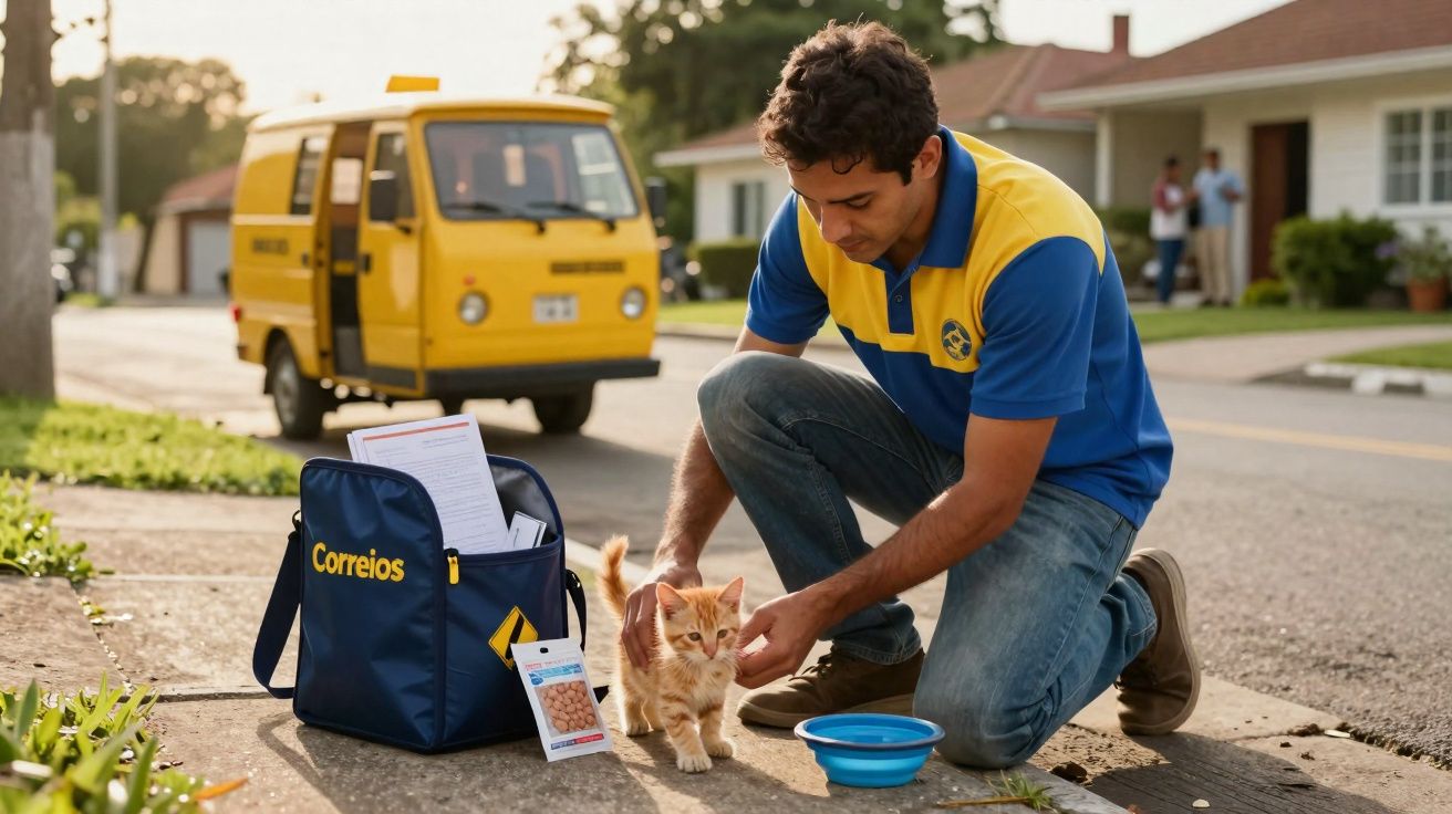 Facteur en uniforme caressant un chaton orange près d'un sac postal bleu et d'une voiture jaune.