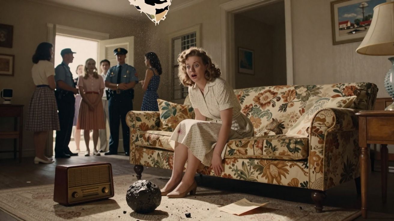Femme assise sur un canapé fleuri, choquée par une boule brûlée sur un tapis, plusieurs personnes discutant à l’arrière-plan.
