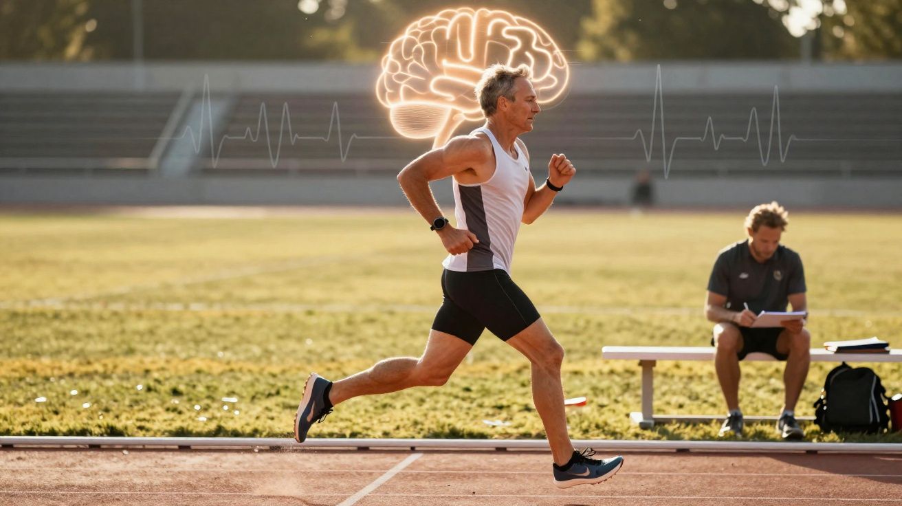 Homme courant sur une piste d'athlétisme avec illustration de cerveau et rythme cardiaque en arrière-plan.