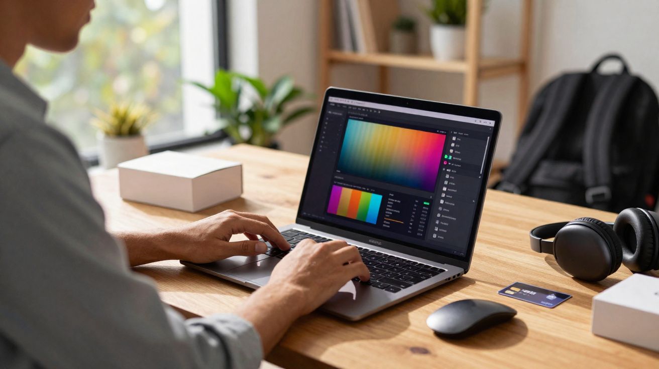 Personne utilisant un ordinateur portable affichant une palette de couleurs sur un bureau en bois avec casque et souris.