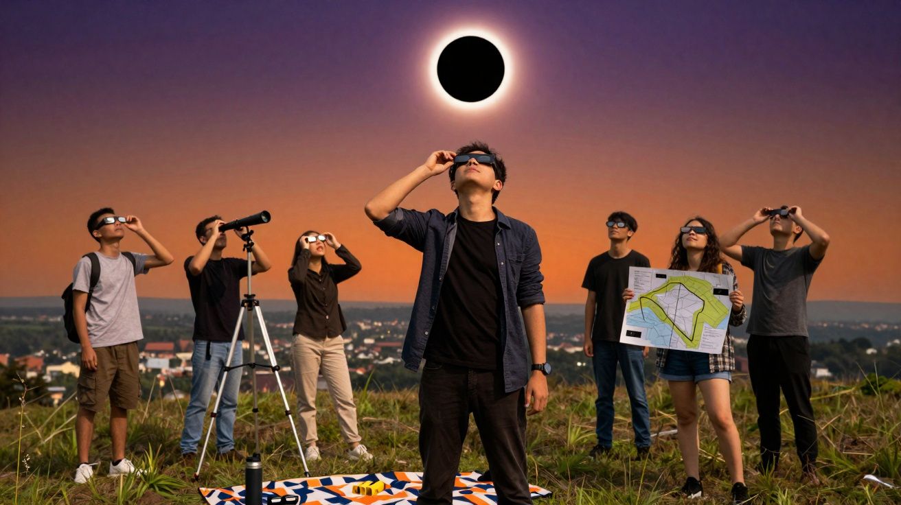 Groupe de personnes observant une éclipse solaire avec lunettes spéciales et télescope en plein air au coucher du soleil.