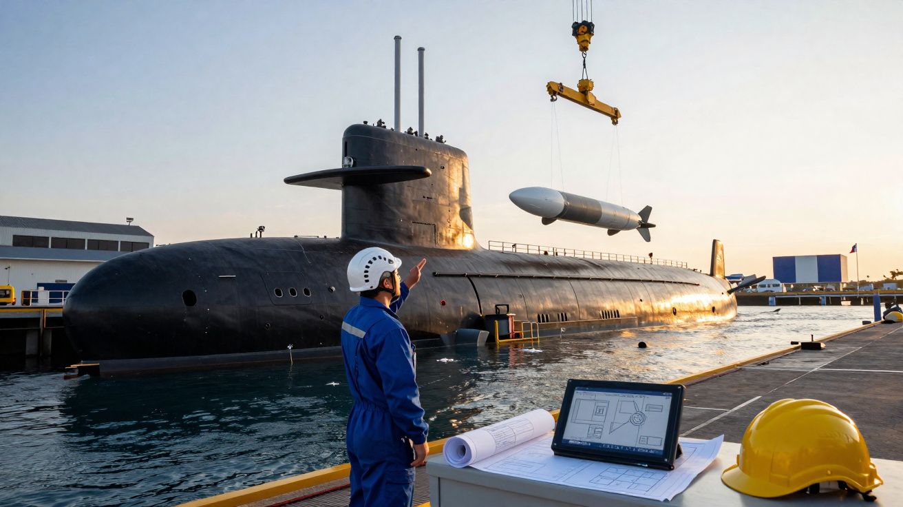 Sous-marin noir amarré au quai, un ouvrier en casque dirige la mise à l’eau d’une torpille suspendue par une grue.