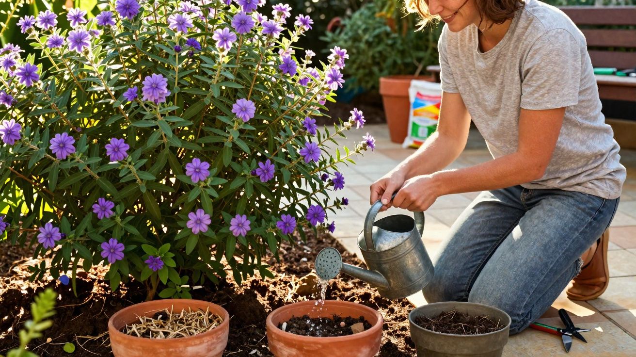 Femme arrosant des plantes dans des pots en terre cuite sur une terrasse ensoleillée.