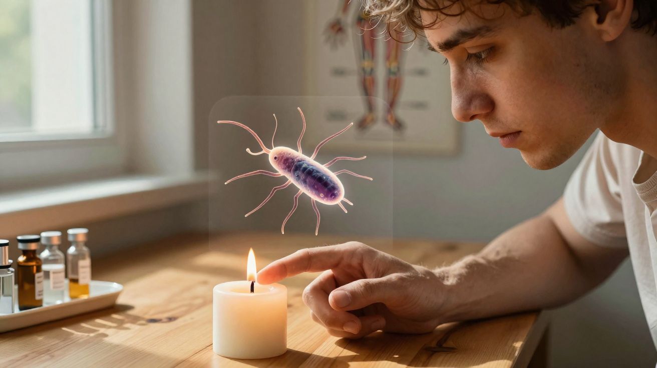Un jeune homme observe une bactérie holographique au-dessus d'une bougie allumée sur une table en bois.