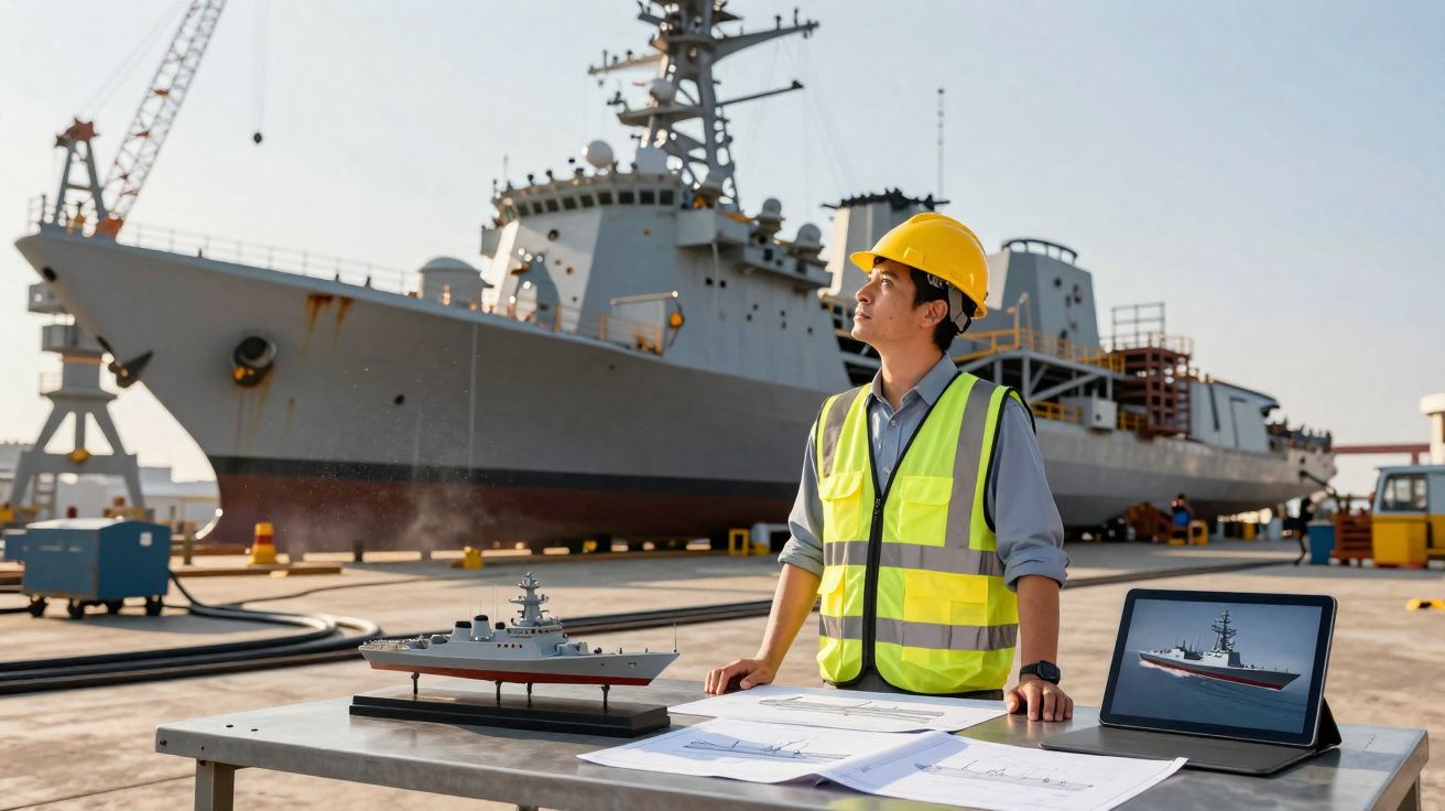 Homme en casque et gilet réfléchissant observant un navire militaire en cale sèche, avec maquette et plans sur table.