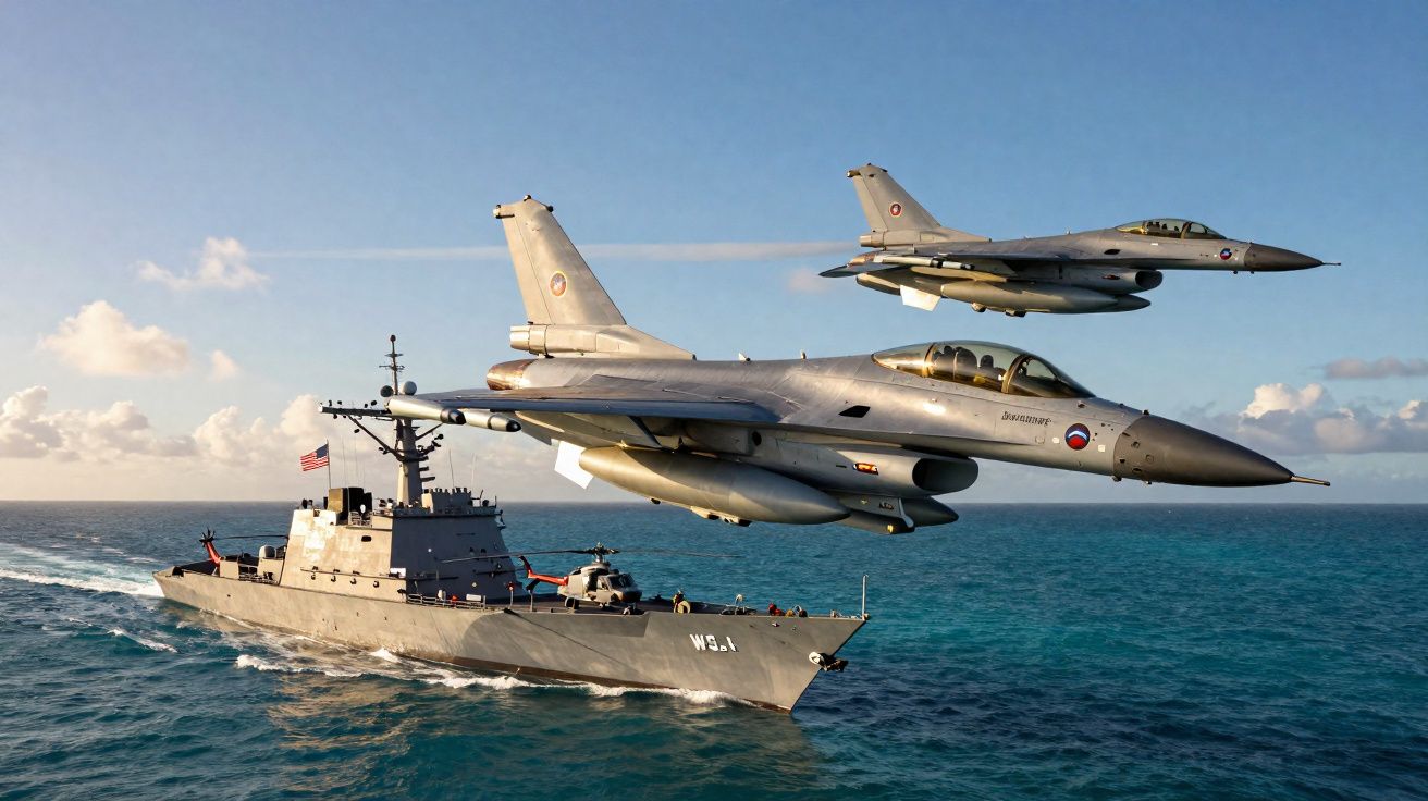 Deux avions de chasse volent au-dessus d'un navire militaire en mer sous un ciel partiellement nuageux.