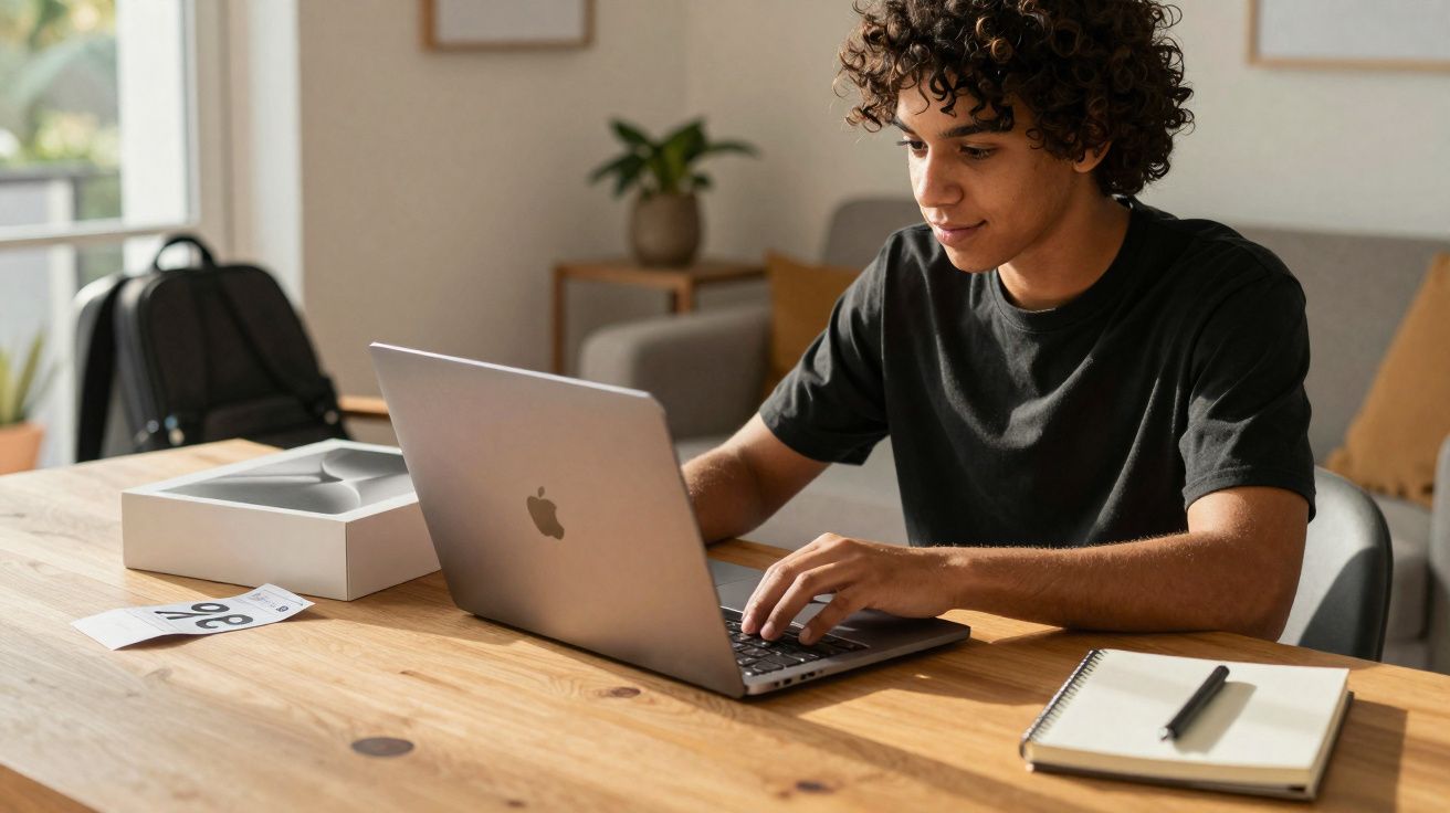 Jeune homme travaillant sur un ordinateur portable Apple à une table en bois, carnet et stylo à côté.