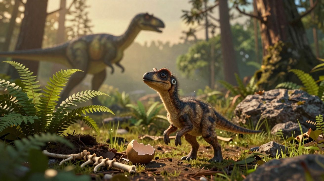 Un petit dinosaure sort d’un œuf cassé dans une forêt préhistorique, un dinosaure plus grand en arrière-plan.