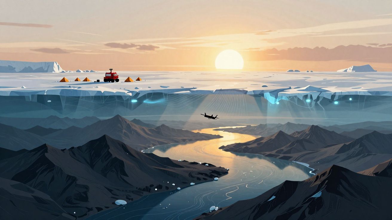 Coucher de soleil sur une banquise avec un avion volant au-dessus de montagnes et d'une rivière glacée.