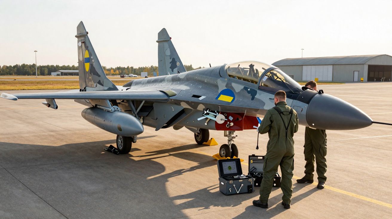 Avion de chasse avec drapeau ukrainien au sol, techniciens en tenue militaire en train de le vérifier.